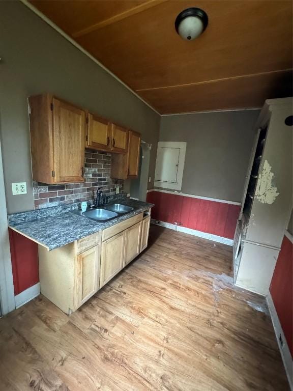 kitchen featuring decorative backsplash, light hardwood / wood-style floors, and sink