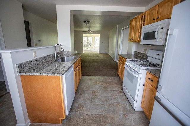 4165 Wood Hills Dr Unit C9, Erie, PA 16510 - kitchen featuring white appliances, a sink, ceiling fan, stone counters, and carpet floors
