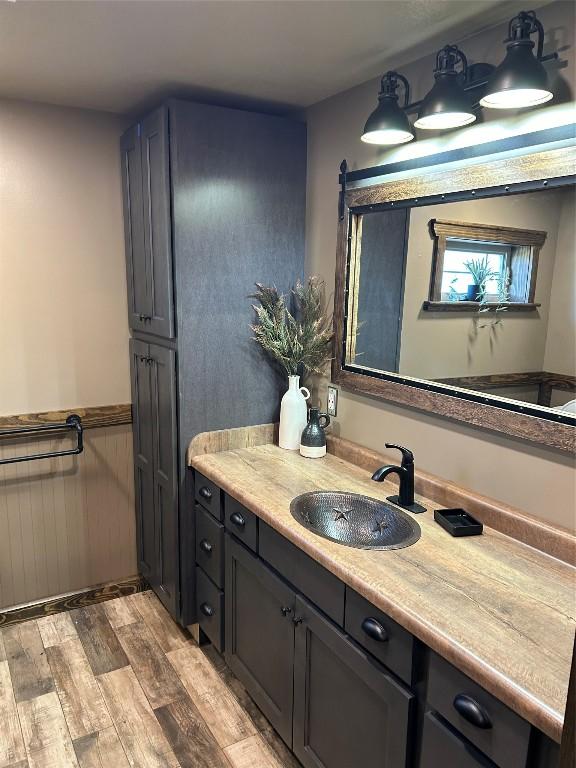 11667 Lakeland Dr, Conneaut Lake, PA 16316 - bathroom with vanity, wood finished floors, and a wainscoted wall