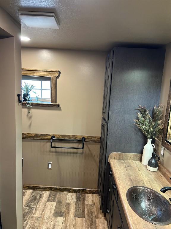 11667 Lakeland Dr, Conneaut Lake, PA 16316 - bathroom with vanity, a wainscoted wall, a textured ceiling, and wood finished floors