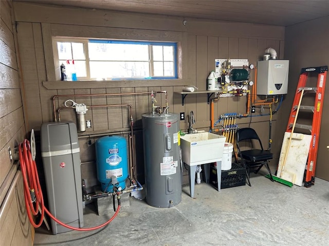 11667 Lakeland Dr, Conneaut Lake, PA 16316 - utilities with tankless water heater, a sink, and electric water heater