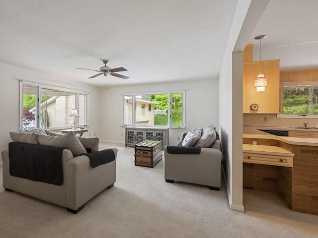 12052 Lake Dr, Conneaut Lake, PA 16316 - living room with carpet floors, a ceiling fan, and baseboards