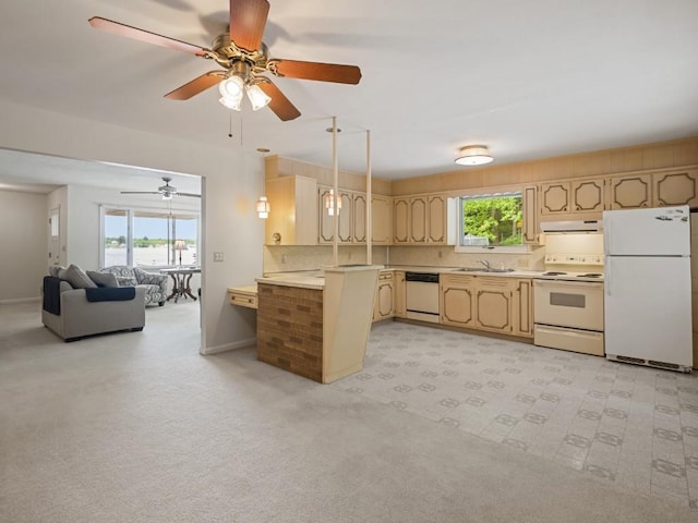 12052 Lake Dr, Conneaut Lake, PA 16316 - kitchen with white appliances, under cabinet range hood, light countertops, and a sink