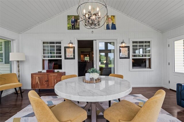 18376 Barber Rd, Meadville, PA 16335 - dining space with vaulted ceiling, wood finished floors, and a chandelier