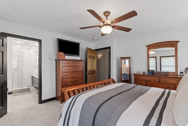 18376 Barber Rd, Meadville, PA 16335 - bedroom featuring light colored carpet, light tile patterned flooring, ceiling fan, and ensuite bath