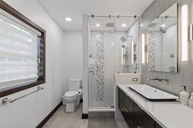 18376 Barber Rd, Meadville, PA 16335 - bathroom with vanity, a stall shower, tile patterned flooring, and recessed lighting