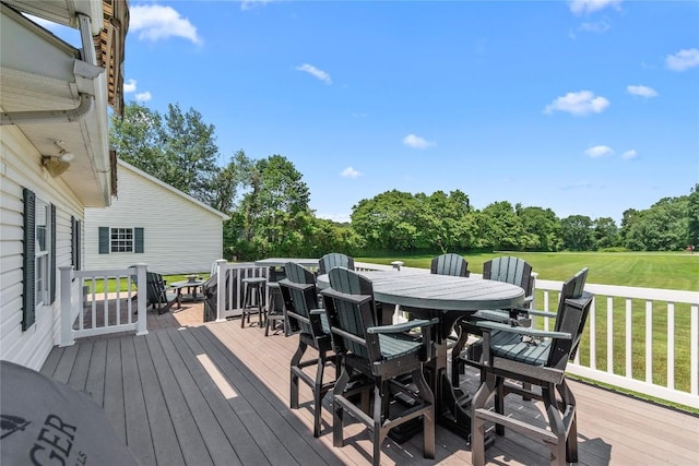 18376 Barber Rd, Meadville, PA 16335 - wooden terrace featuring outdoor dining space, a lawn, and view of scattered trees