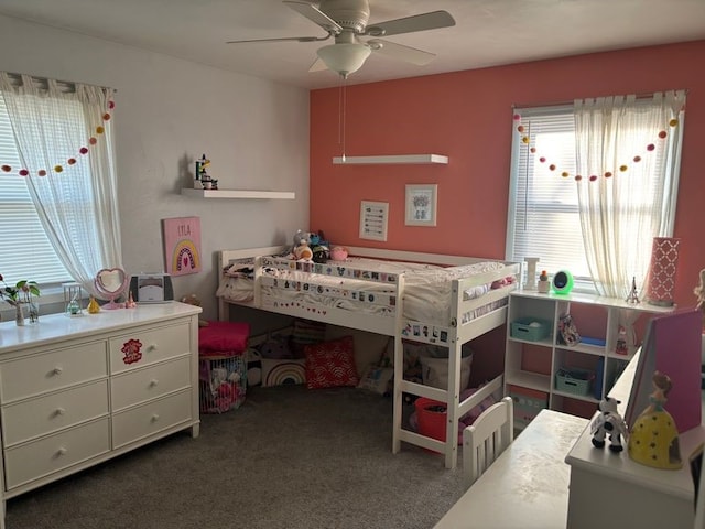 carpeted bedroom featuring ceiling fan