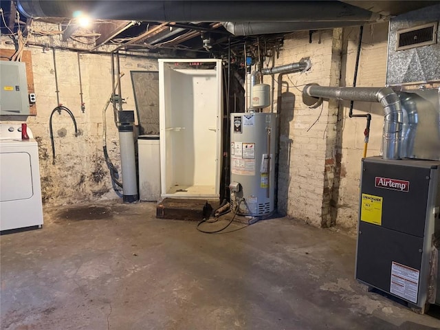 unfinished below grade area with electric panel, water heater, and washer / clothes dryer