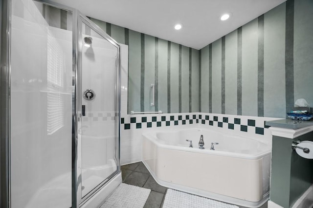 51-55 E Main St, North East, PA 16428 - bathroom with wallpapered walls, a garden tub, a stall shower, tile patterned flooring, and recessed lighting