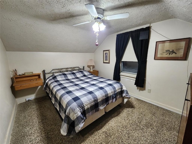 carpeted bedroom with ceiling fan, a textured ceiling, and lofted ceiling