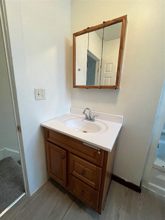 bathroom with hardwood / wood-style flooring and vanity