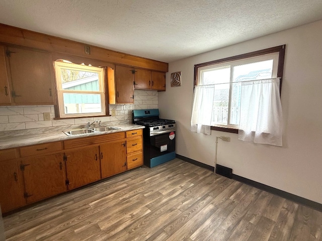 kitchen featuring hardwood / wood-style flooring, a healthy amount of sunlight, sink, and stainless steel gas stove