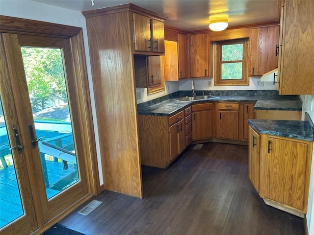 kitchen featuring range hood, dark hardwood / wood-style flooring, sink, and plenty of natural light