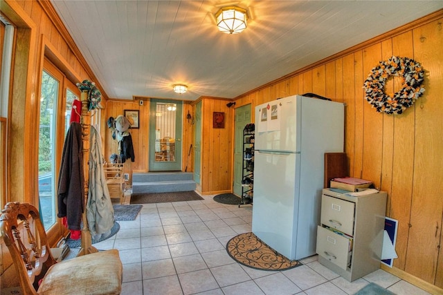 23186 Hatchtown Rd, Spartansburg, PA 16434 - bathroom with wood walls, ornamental molding, and tile patterned floors