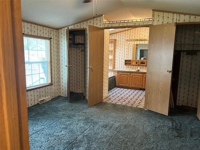 bathroom featuring vanity, a textured ceiling, and vaulted ceiling