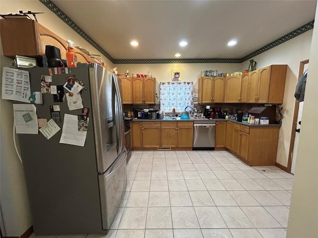 1048 W 6th St, Erie, PA 16507 - kitchen featuring appliances with stainless steel finishes, light tile patterned floors, decorative backsplash, recessed lighting, and crown molding