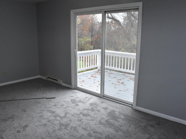 unfurnished room featuring carpet floors and a baseboard radiator