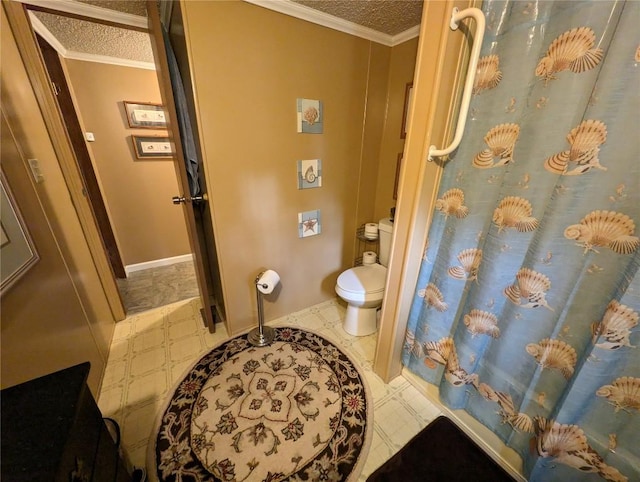 8734 Colonial Ln, Linesville, PA 16424 - bathroom with a textured ceiling, ornamental molding, toilet, a shower with shower curtain, and tile patterned floors