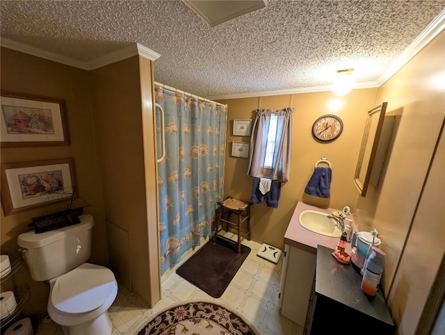 8734 Colonial Ln, Linesville, PA 16424 - full bath featuring toilet, crown molding, vanity, tile patterned floors, and a textured ceiling
