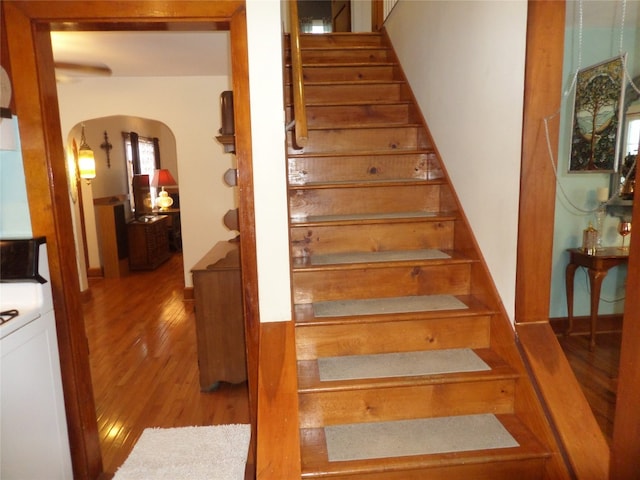 stairway featuring wood-type flooring