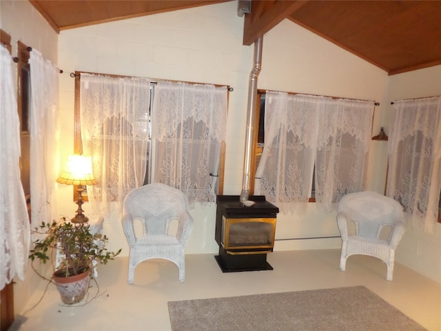 sitting room with vaulted ceiling and a wood stove