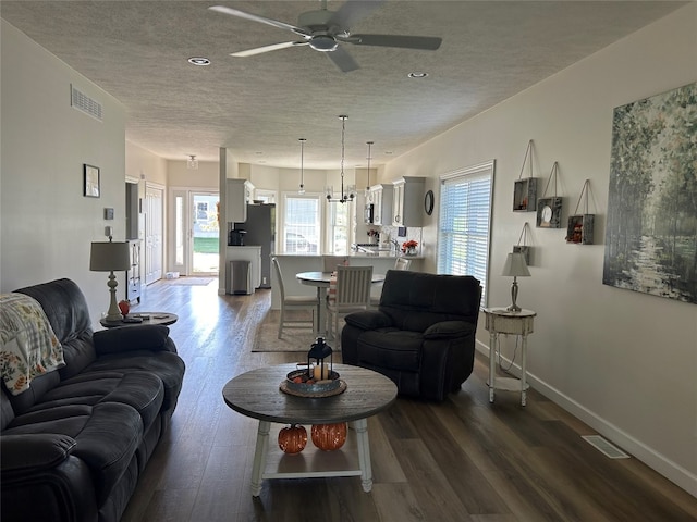 living room with hardwood / wood-style floors, ceiling fan, and a textured ceiling