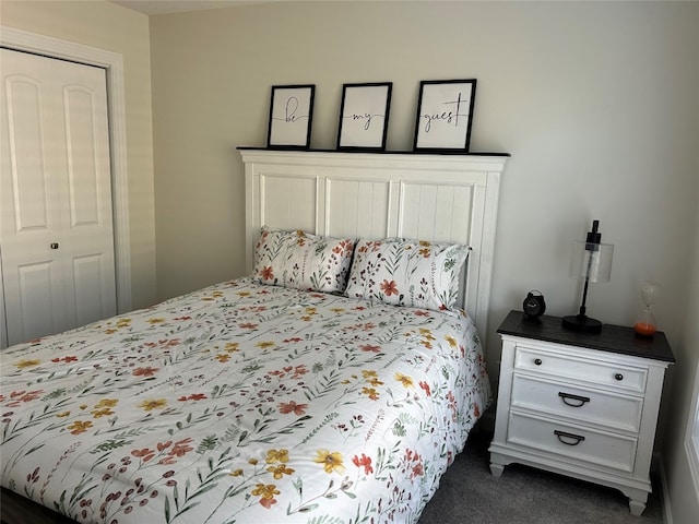 bedroom featuring dark colored carpet and a closet