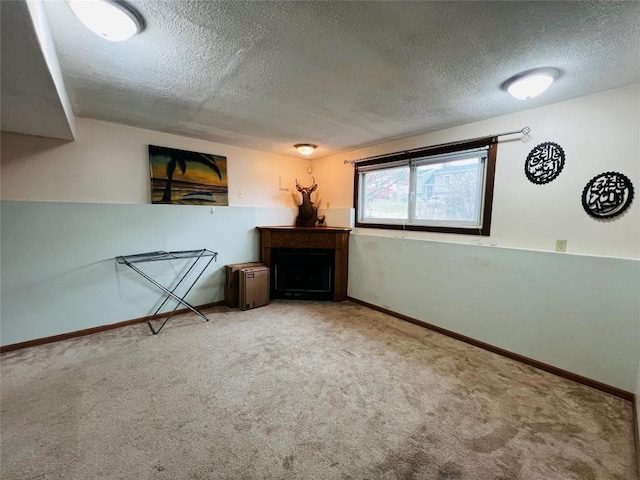 basement featuring carpet and a textured ceiling