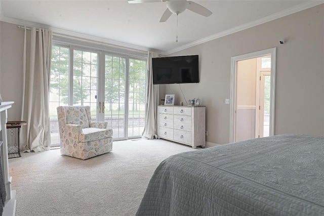 8280 Shore Dr, Fairview, PA 16415 - bedroom featuring carpet, access to exterior, ornamental molding, french doors, and a ceiling fan