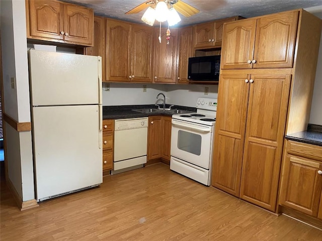 kitchen featuring light wood-type flooring, white appliances, ceiling fan, and sink