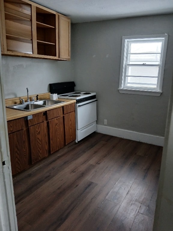 kitchen with sink, dark wood-type flooring, and white range with electric stovetop