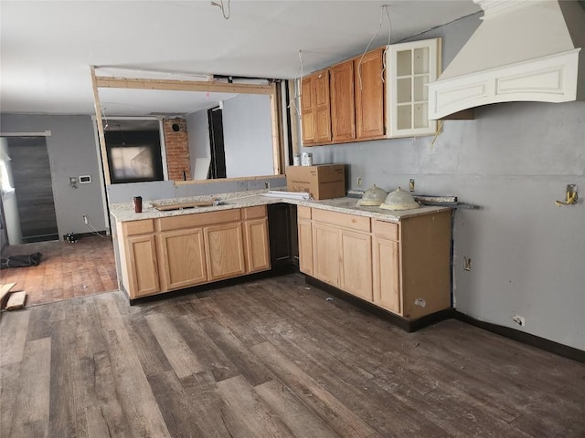 kitchen featuring light countertops, a peninsula, dark wood finished floors, and glass insert cabinets