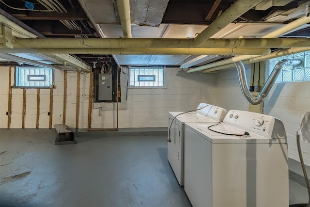 laundry area with electric panel and independent washer and dryer