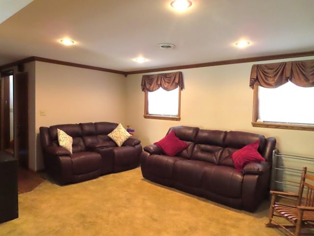 12930 Park Lane Dr, Meadville, PA 16335 - carpeted living area with ornamental molding and recessed lighting