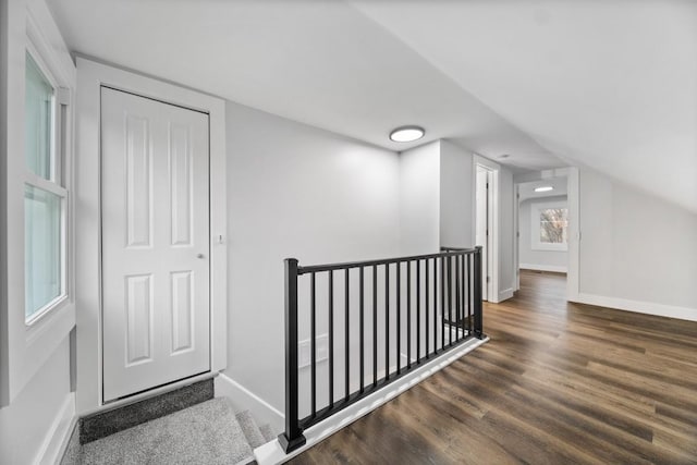 additional living space with vaulted ceiling and dark hardwood / wood-style floors