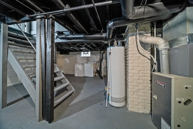 basement with heating unit and water heater