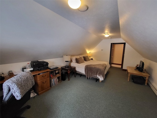 carpeted bedroom featuring a textured ceiling and vaulted ceiling