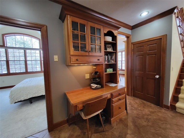 home office featuring recessed lighting, baseboards, plenty of natural light, and crown molding