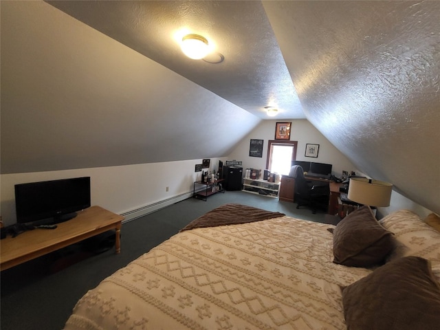 bedroom featuring lofted ceiling, a baseboard radiator, carpet floors, and a textured ceiling