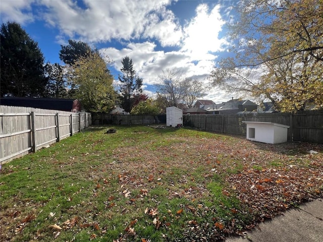 view of yard featuring a storage unit