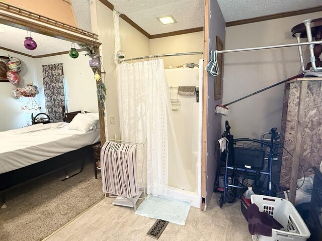 702 Skyline Dr, Mckean, PA 16426 - ensuite bathroom with crown molding, a textured ceiling, and a stall shower