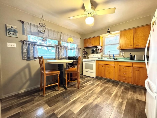 1426 W 45th St, Erie, PA 16509 - kitchen featuring white appliances, a sink, dark wood-style floors, ceiling fan, and light countertops