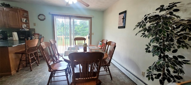 9990 Findley Lake Rd, North East, PA 16428 - dining space with ceiling fan, baseboard heating, and stone finish floors