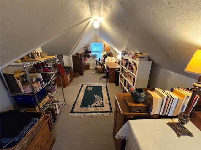 interior space with lofted ceiling, carpet, and a textured ceiling