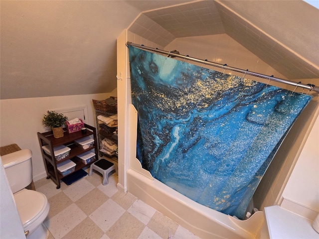 interior space with shower / tub combo, vaulted ceiling, and toilet