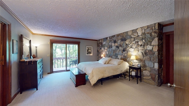 bedroom featuring access to exterior, light carpet, and crown molding