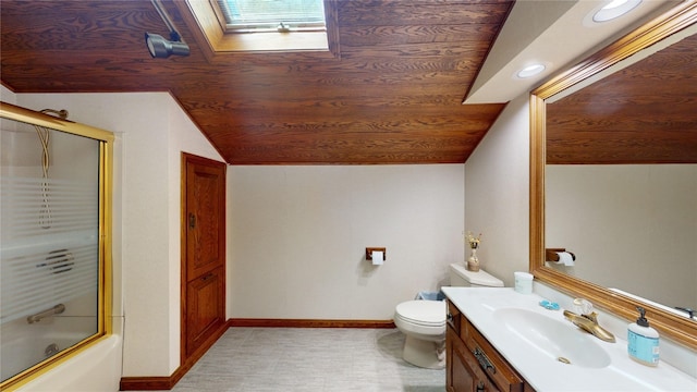 full bathroom with vanity, lofted ceiling with skylight, toilet, enclosed tub / shower combo, and wood ceiling