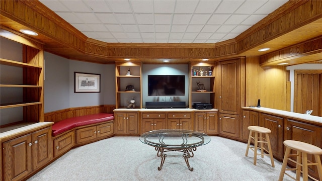 sitting room with light carpet and wooden walls