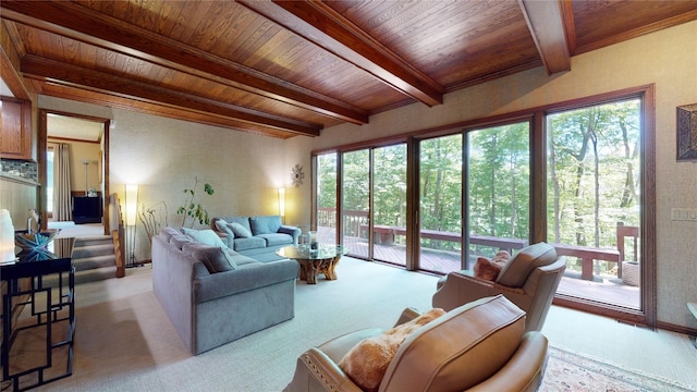 carpeted living room with beamed ceiling, plenty of natural light, and wooden ceiling